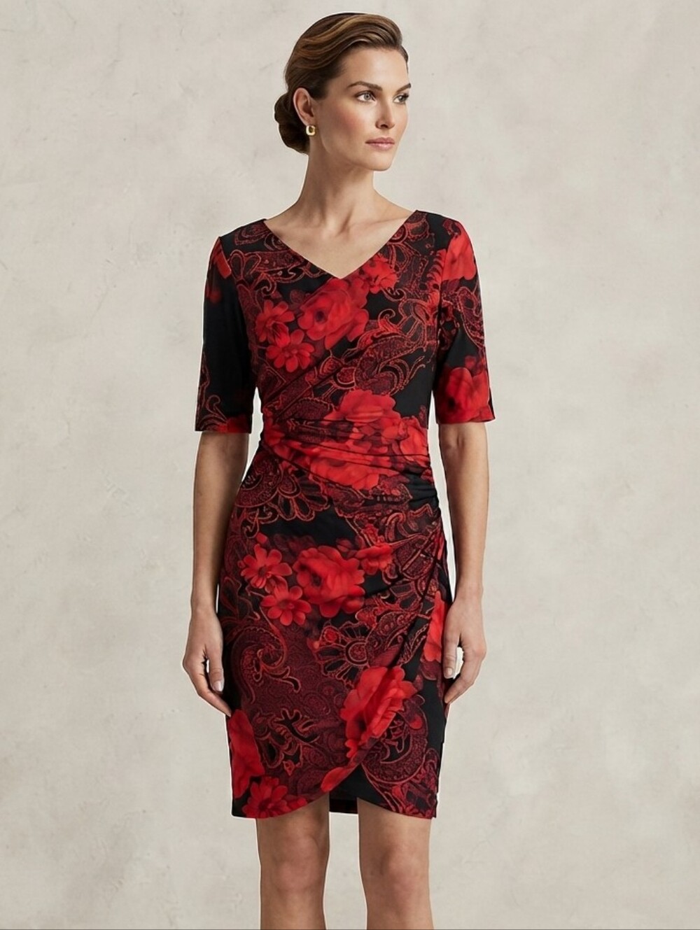 Women's Red And Black Roses Faux Wrap Elbow Sleeves Cocktail Dress Medium P